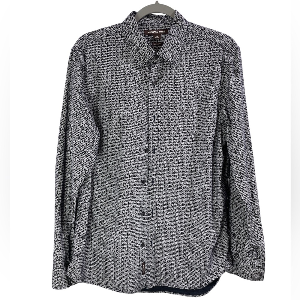 Midnight blue written print button down long sleeve classic fit dress shirt